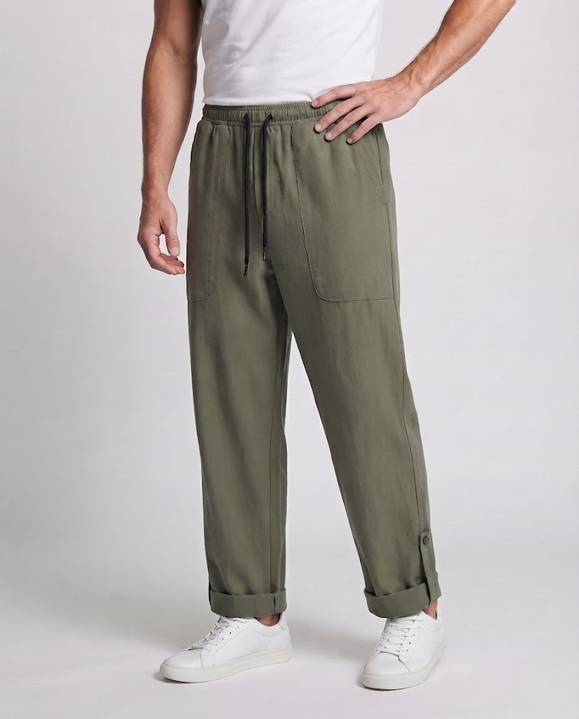 Unisex Weite Cargo‑Style Hose mit Tunnelzugbund, aufgesetzten Taschen und Knopf‑Saum Nord Taschen