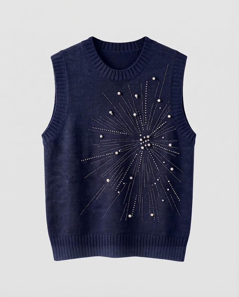 Damen Ärmellose Feinstrickweste mit Perlen- und Strass-Sonnenmotiv Nord Taschen
