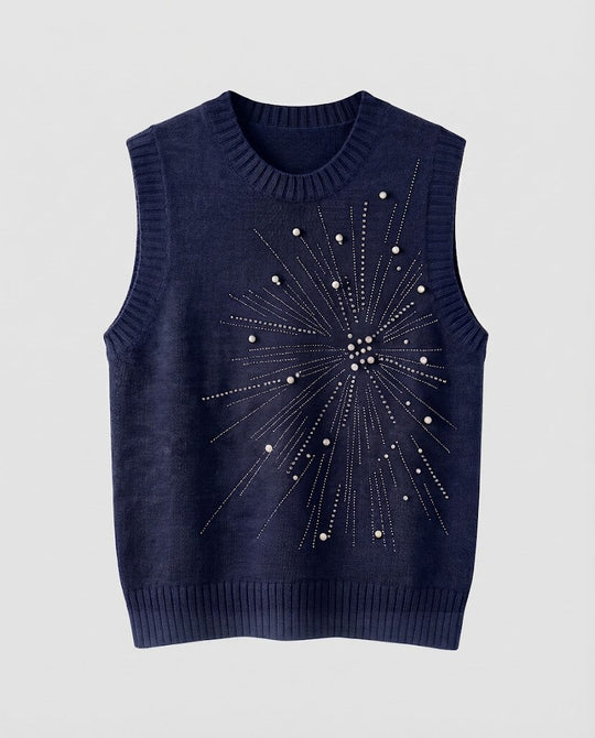 Damen Ärmellose Feinstrickweste mit Perlen- und Strass-Sonnenmotiv Nord Taschen