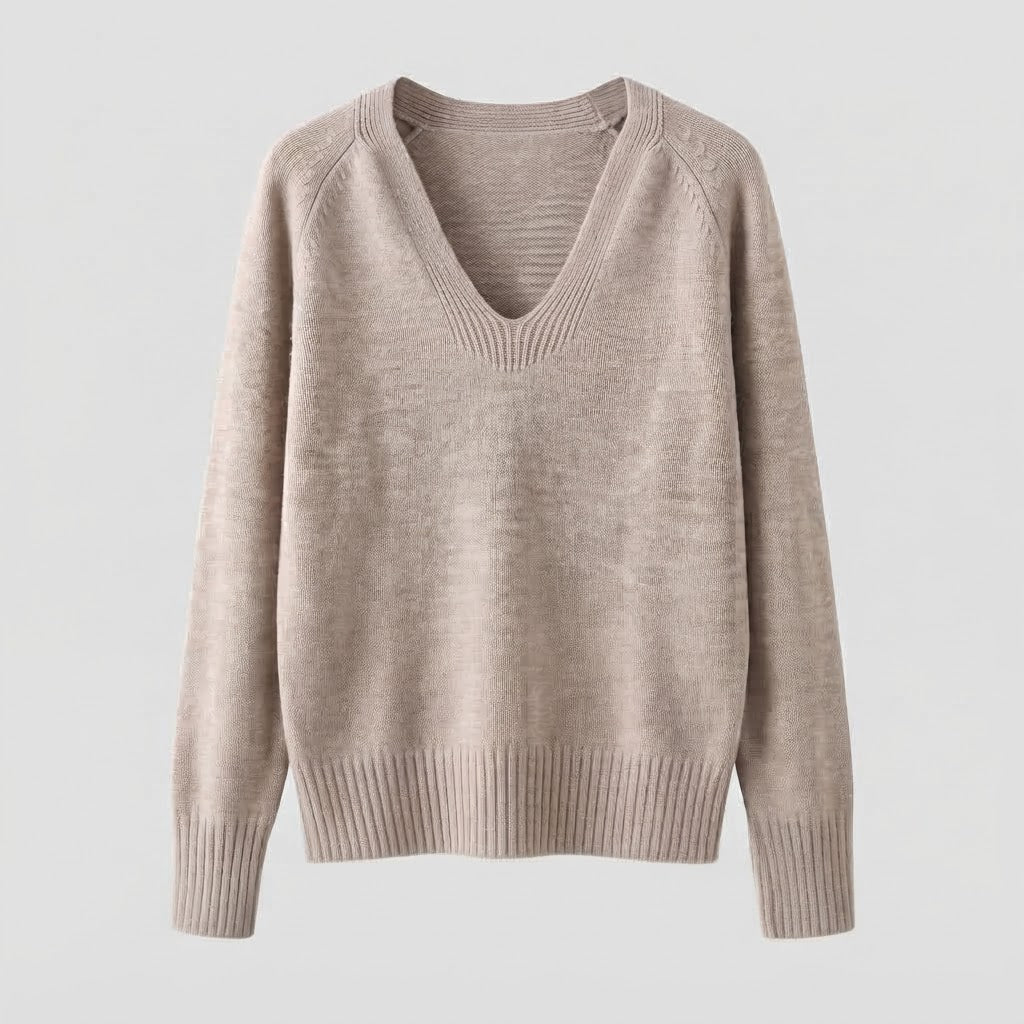 Damen feiner Strickpullover mit weichem V-Ausschnitt, leichter Oversized-Silhouette und gerippten Bündchen Nord Taschen