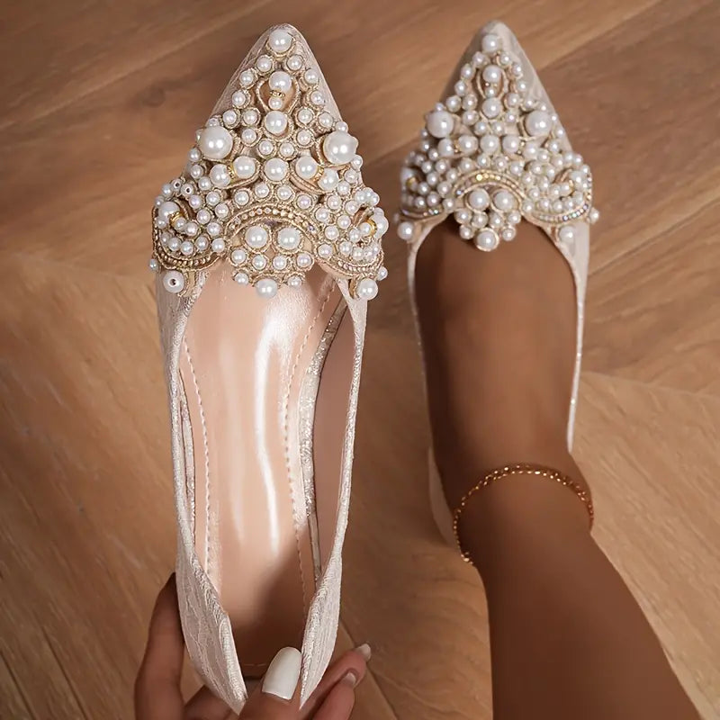 Elegante Braut Ballerinas mit Spitze und Kunstperlen