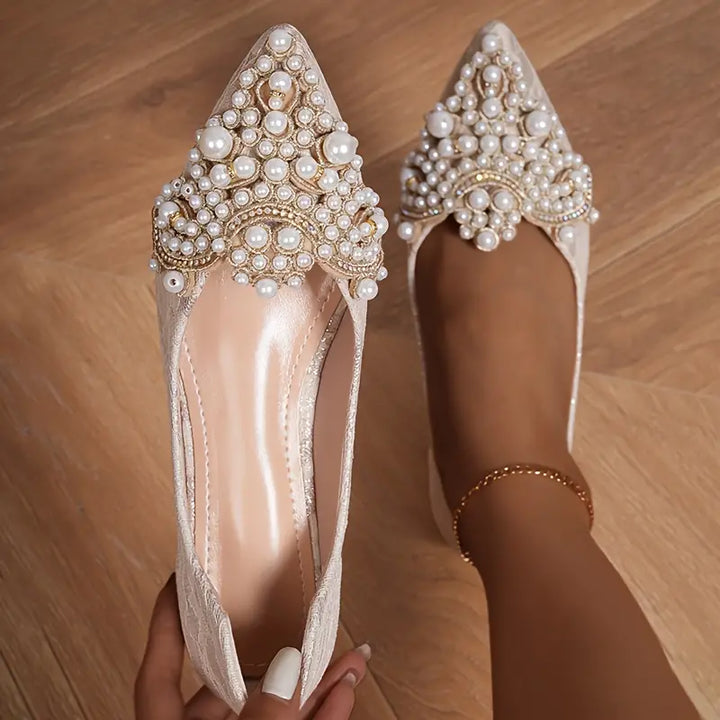 Elegante Braut Ballerinas mit Spitze und Kunstperlen