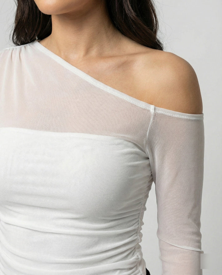Damen Elegantes asymmetrisches Oberteil mit schulterfreiem Design und Raffung
