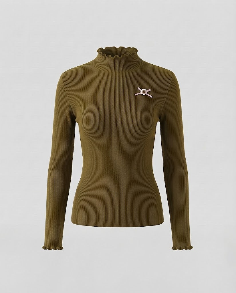 Damen Feinstrickpullover mit Rüschenkragen und welligem Ärmelabschluss Nord Taschen