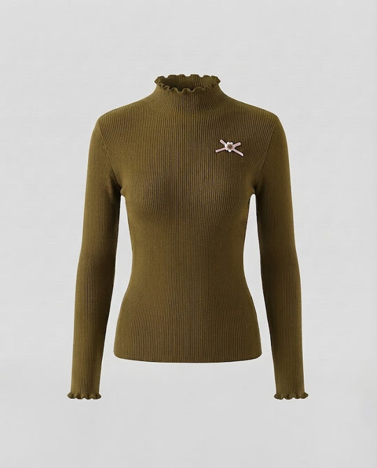 Damen Feinstrickpullover mit Rüschenkragen und welligem Ärmelabschluss Nord Taschen