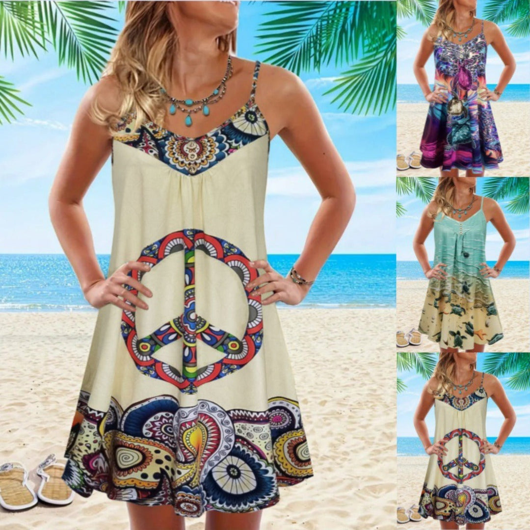 Nord Taschen | Bedrucktes lockeres Strandkleid mit ärmellosen Trägern