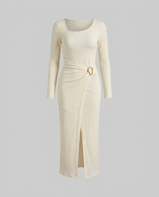 Damen Elegantes Strukturiertes Midikleid mit Taillenring, Wickeleffekt und schmalem Frontschlitz Nord Taschen