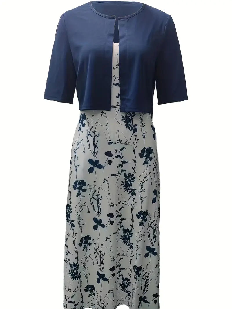 elegantes zweiteiliges Blumenkleid-Set mit einfarbigem Crop-Top und Kleid mit Rundhalsausschnitt