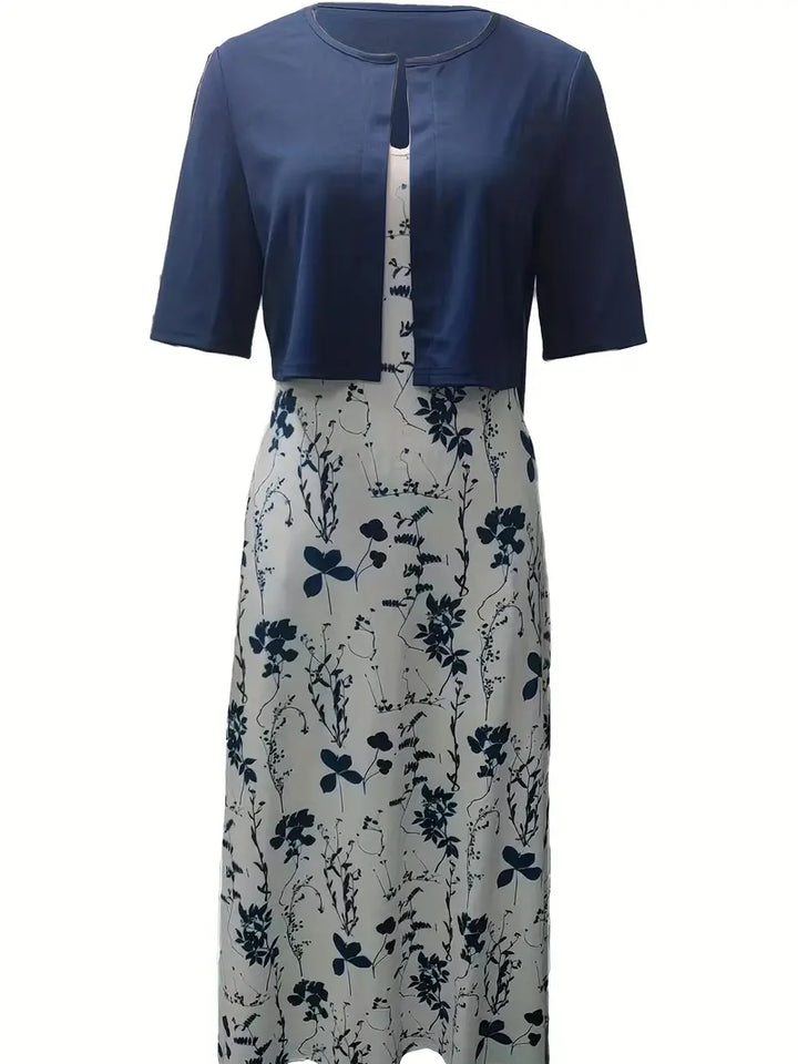 elegantes zweiteiliges Blumenkleid-Set mit einfarbigem Crop-Top und Kleid mit Rundhalsausschnitt