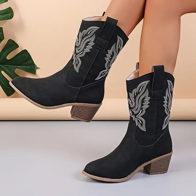 Vintage Western Cowboy-Stiefel mit V-Ausschnitt-Stickerei und Blockabsatz