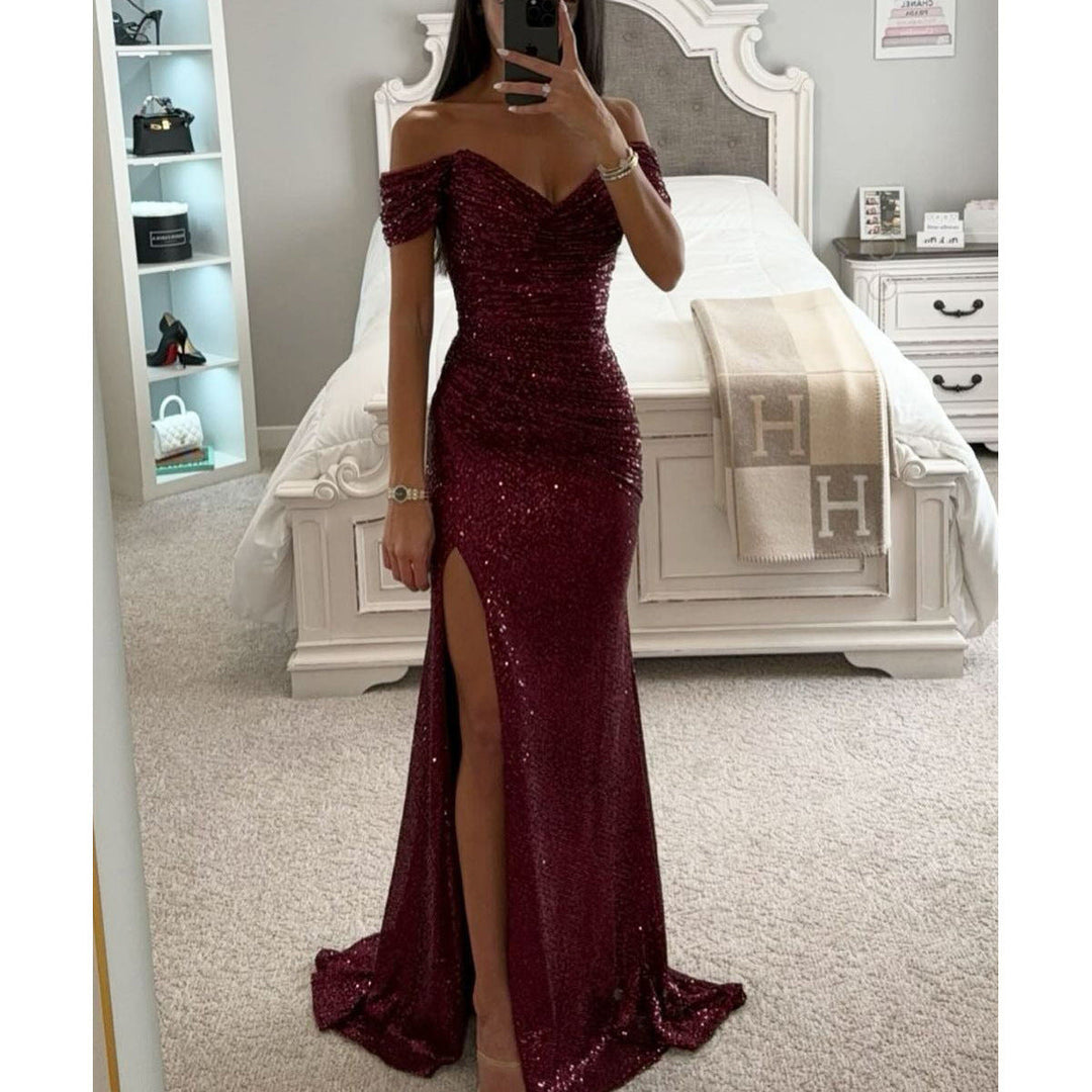 Glitzerndes Damen Abendkleid Schulterfreies Maxikleid mit Schlitz für Hochzeit & Fest | Nord Taschen