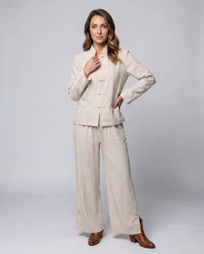 Damen Zweiteiliges Leinenoptik-Loungewear-Set mit Stehkragen und Knebelverschlüssen Nord Taschen