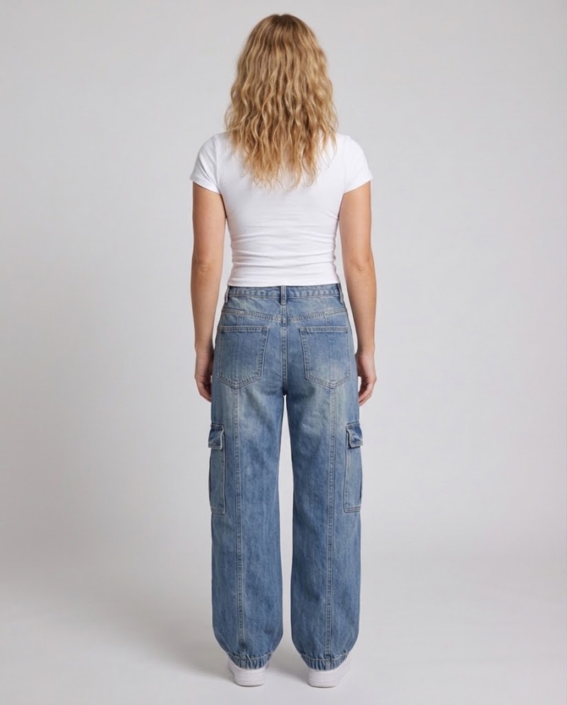 Damen Baggy Cargo-Jeans mit weitem Bein und elastischem Saum Nord Taschen