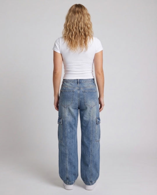 Damen Baggy Cargo-Jeans mit weitem Bein und elastischem Saum Nord Taschen
