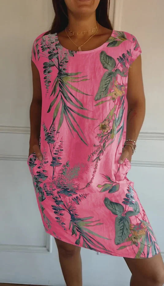 Damen Bedrucktes Baumwoll- und Leinenkleid
