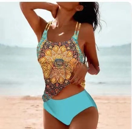 Retro Hochgeschnittenes Bikini mit Stranddruck