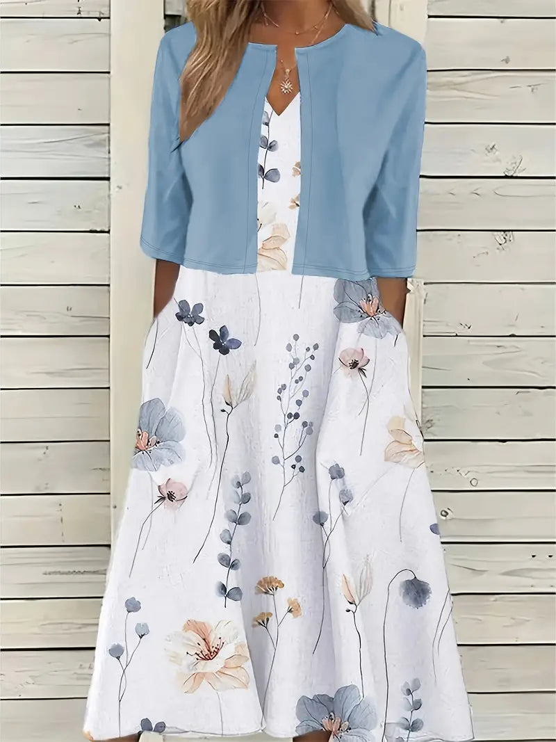 elegantes zweiteiliges Blumenkleid-Set mit einfarbigem Crop-Top und Kleid mit Rundhalsausschnitt
