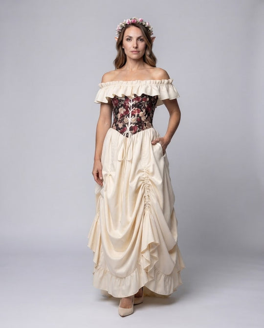 Frauen romantisches Maxi-Kleid mit Rüschen und floralem Oberteil Nord Taschen