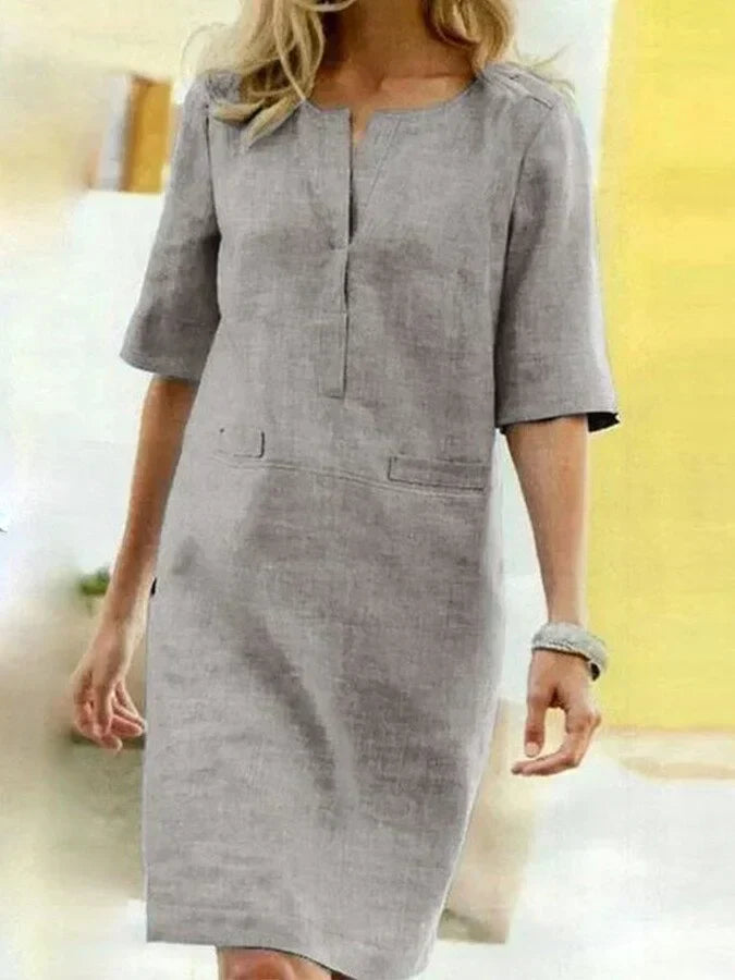 Damen Kurzarm Baumwolle und Leinen Kleid