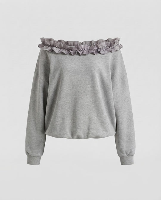 Damen Oversize Off-Shoulder Sweatshirt mit gerafftem Rüschenkragen Nord Taschen