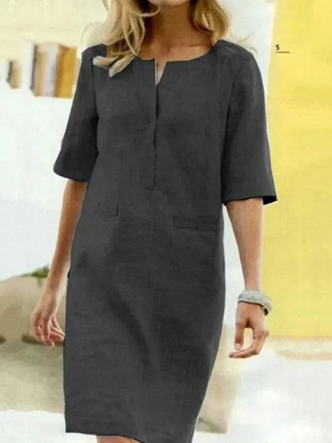 Damen Kurzarm Baumwolle und Leinen Kleid