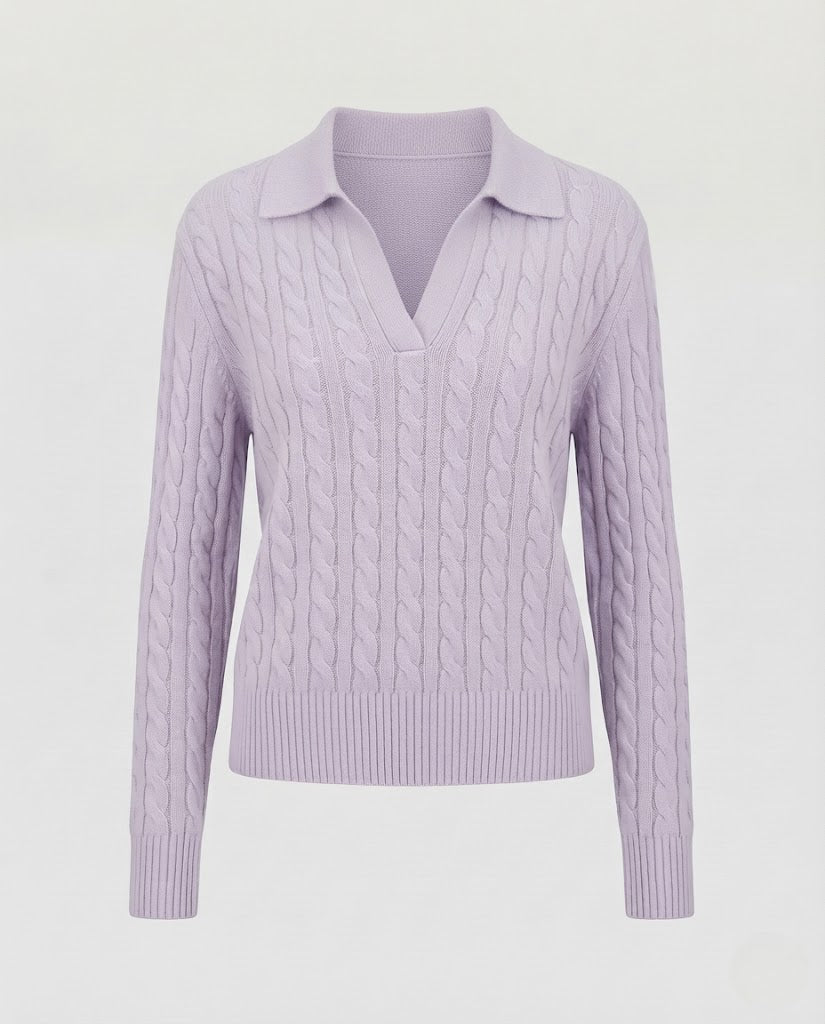 Damen Kabelstrick-Polo-Pullover mit V-Ausschnitt und weicher Feinstrick-Qualität Nord Taschen