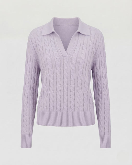 Damen Kabelstrick-Polo-Pullover mit V-Ausschnitt und weicher Feinstrick-Qualität Nord Taschen