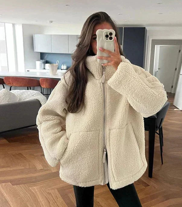 Teddy-Mantel - Weicher Schaffell-Look - Oversized Passform - Hoher Kragen - Reißverschlussverschluss