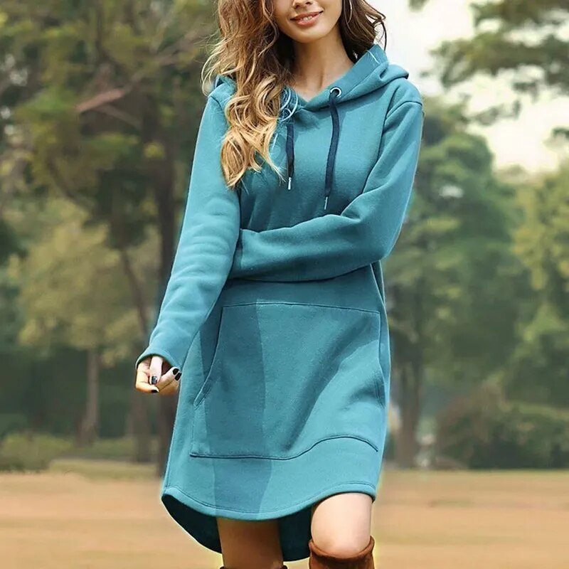 Gemütliches Langes Sweatshirt-Kleid mit Kapuze