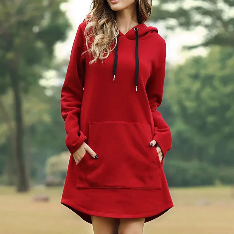 Gemütliches Langes Sweatshirt-Kleid mit Kapuze