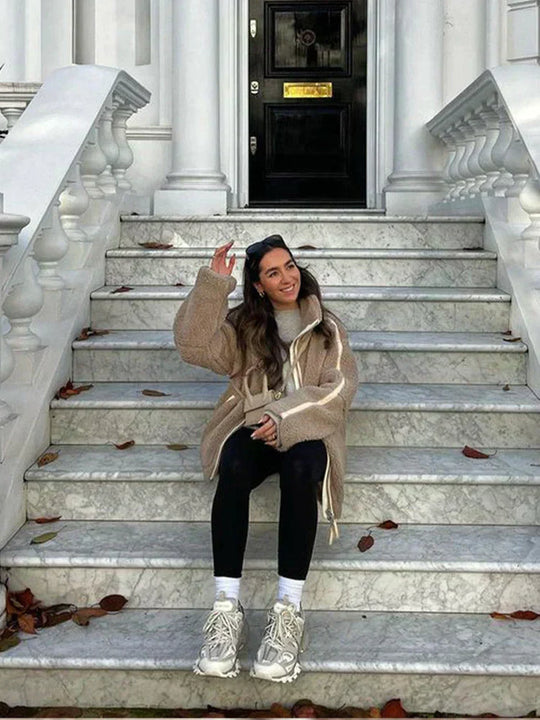 Teddy-Mantel - Weicher Schaffell-Look - Oversized Passform - Hoher Kragen - Reißverschlussverschluss