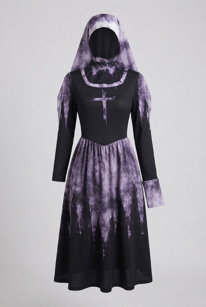 Damen Gruselige Nonne Kostüm mit Spitzenärmel und Tüll-Details Nord Taschen