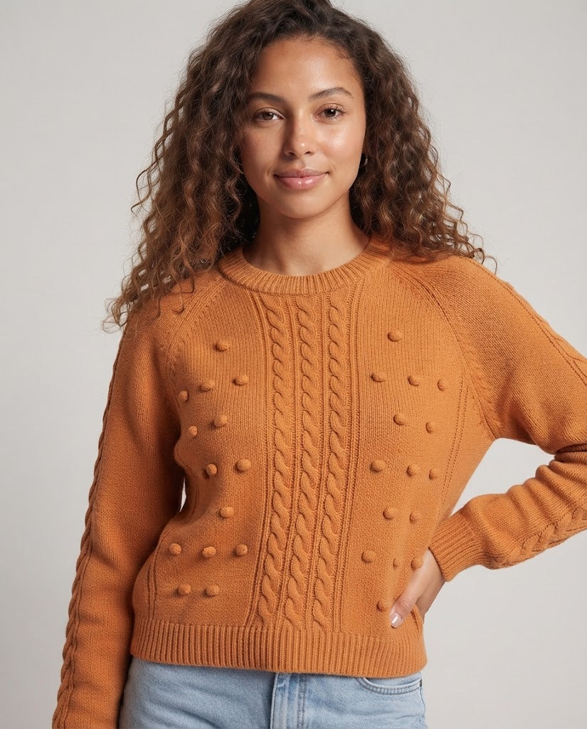 Damen Grobgestrickter Pullover mit Zopfmuster und Noppenstruktur Nord Taschen