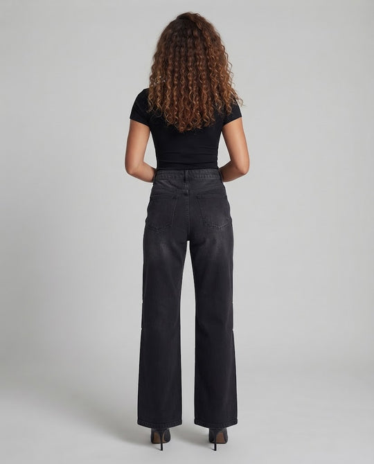 Damen Weite Jeans mit hoher Taille, markanten Teilungsnähten und dekorativen Druckknöpfen Nord Taschen