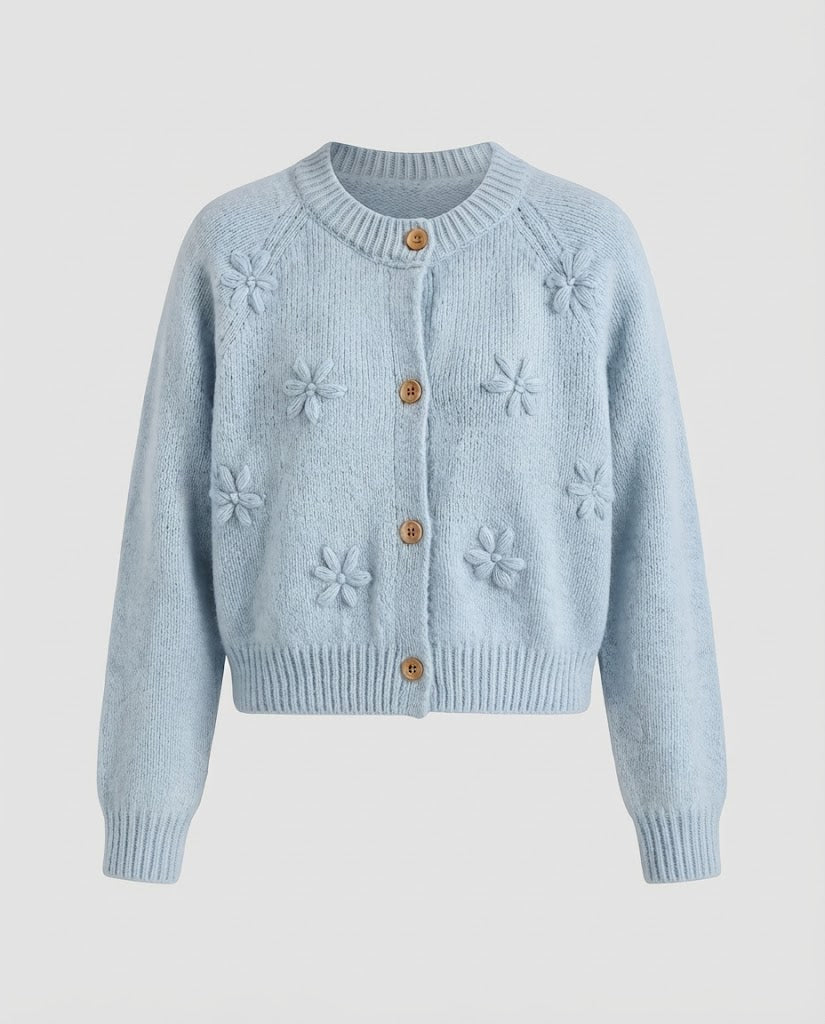Damen Kurz geschnittene Strickjacke mit dreidimensionalen Blumenmotiven, Holzknöpfen und geripptem Saum Nord Taschen