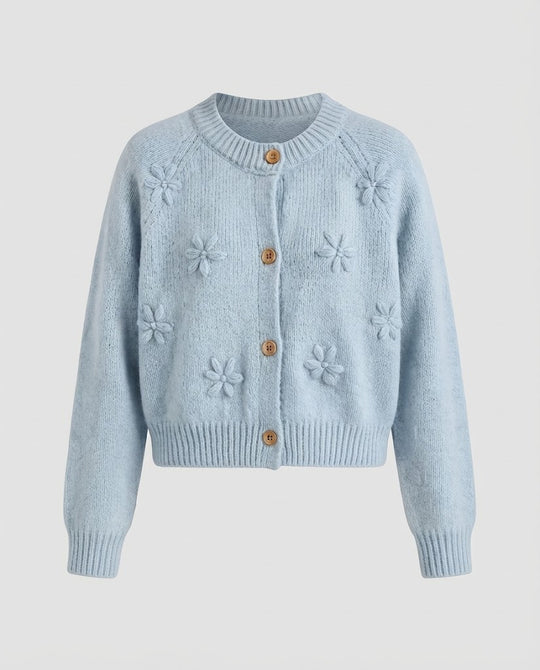 Damen Kurz geschnittene Strickjacke mit dreidimensionalen Blumenmotiven, Holzknöpfen und geripptem Saum Nord Taschen