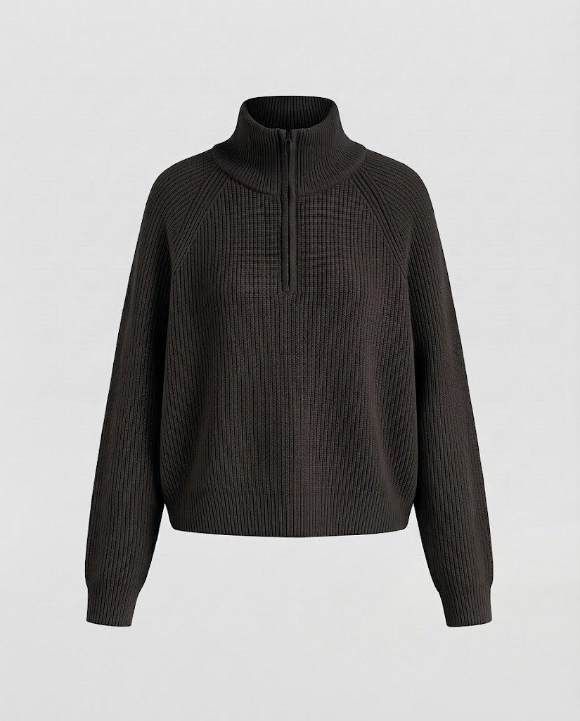 Damen Kurzer Halbzip-Strickpullover mit Rippenstruktur und Stehkragen Nord Taschen