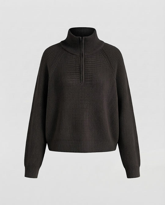 Damen Kurzer Halbzip-Strickpullover mit Rippenstruktur und Stehkragen Nord Taschen