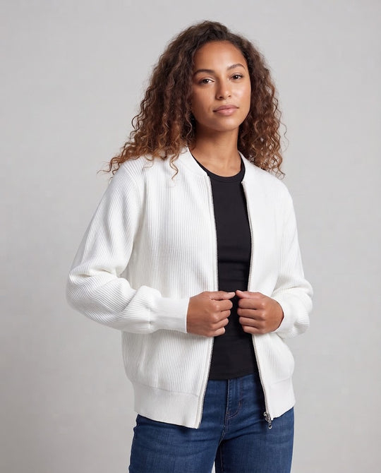 Damen Leichte gerippte Zip-Strickjacke im Bomberstil mit Oversize-Silhouette Nord Taschen