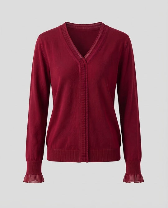 Damen Feiner V‑Ausschnitt-Feinstrickpullover mit plisseeverzierten Kanten und fließender Silhouette Nord Taschen