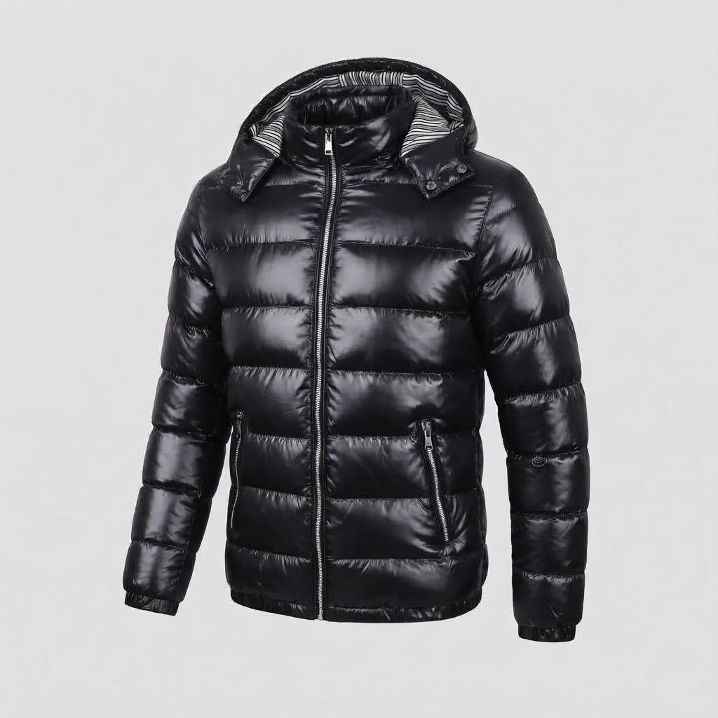Herren Glänzende Steppjacke mit Kapuze, Gestreiftem Innenfutter & Kontrastreißverschlüssen Nord Taschen