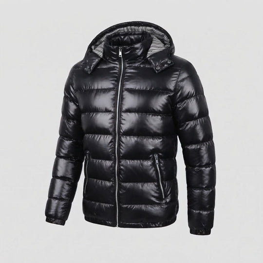 Herren Glänzende Steppjacke mit Kapuze, Gestreiftem Innenfutter & Kontrastreißverschlüssen Nord Taschen