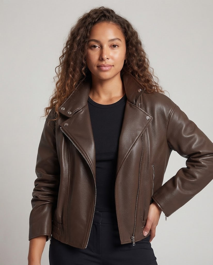 Damen Cropped Aviator‑Jacke aus Lederoptik mit hohem Stehkragen, asymmetrischem Reißverschluss und gerafftem Bund Nord Taschen