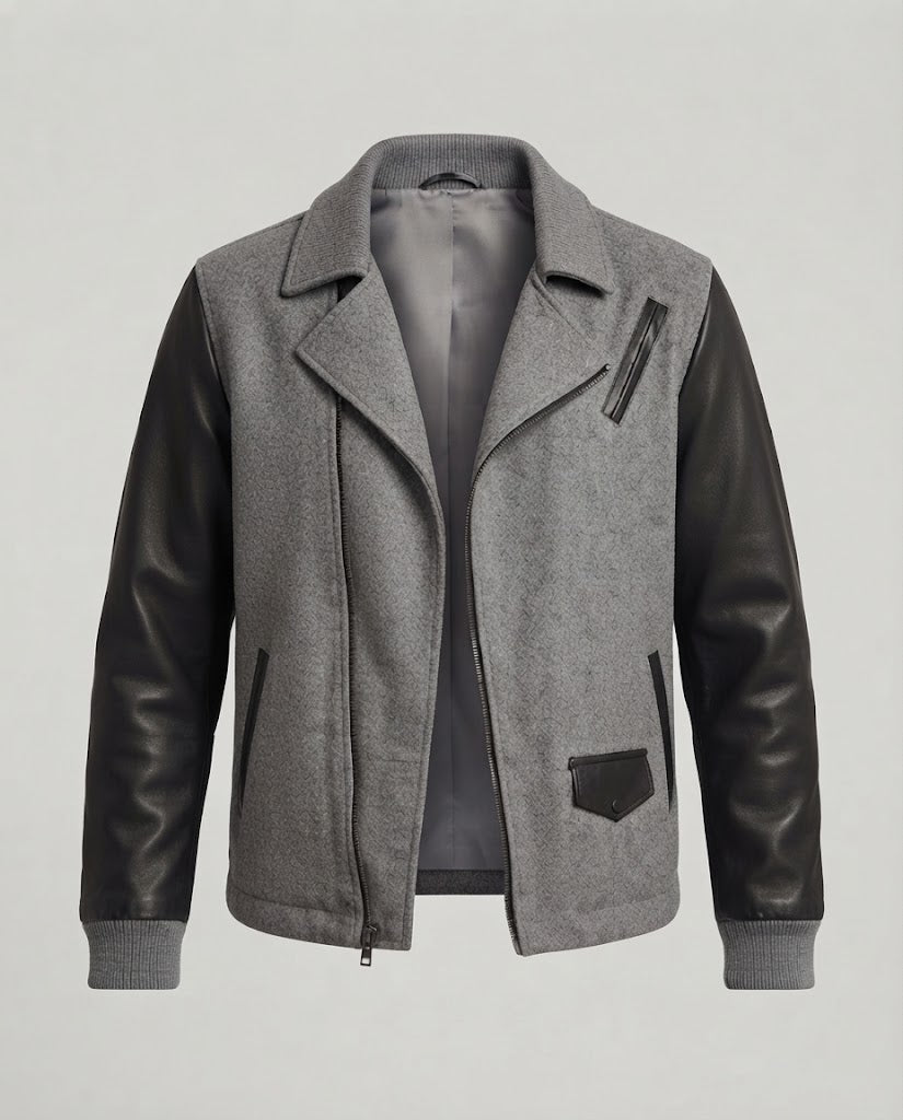 Herren Kurze Woll-Lederjacke im Biker-Mix mit Kontrastärmeln Nord Taschen