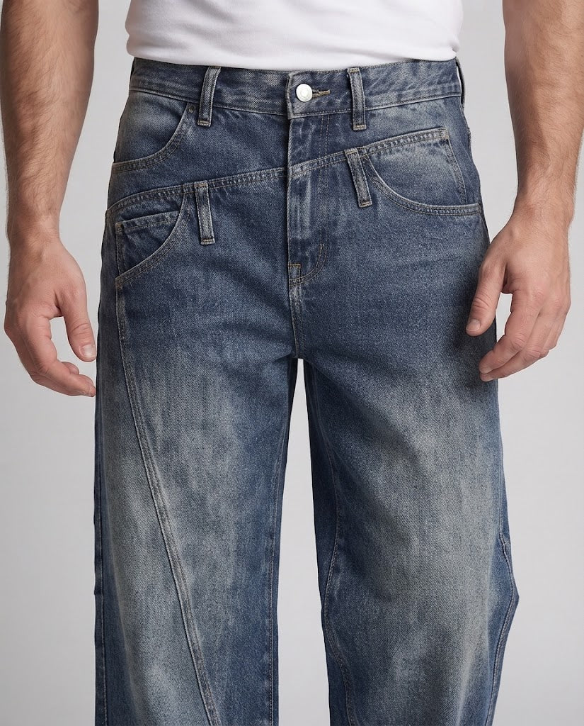 Herren Extraweite Denim-Palazzo-Jeans mit Paneelnähten und verwaschener Used-Optik Nord Taschen