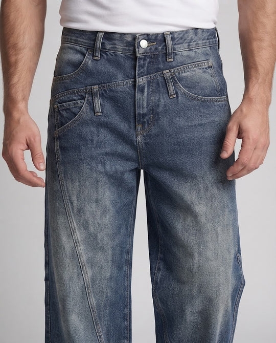 Herren Extraweite Denim-Palazzo-Jeans mit Paneelnähten und verwaschener Used-Optik Nord Taschen