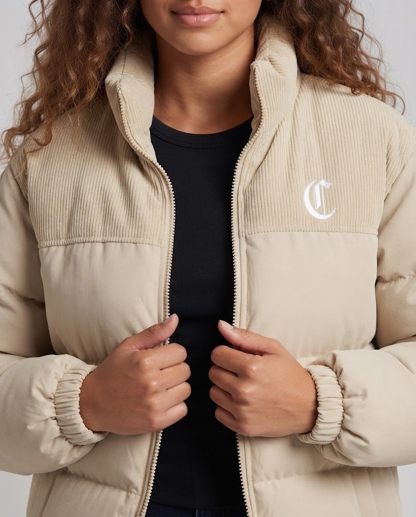 Damen Wattierte Steppjacke mit Cord-Schulterpartie und Stehkragen Nord Taschen