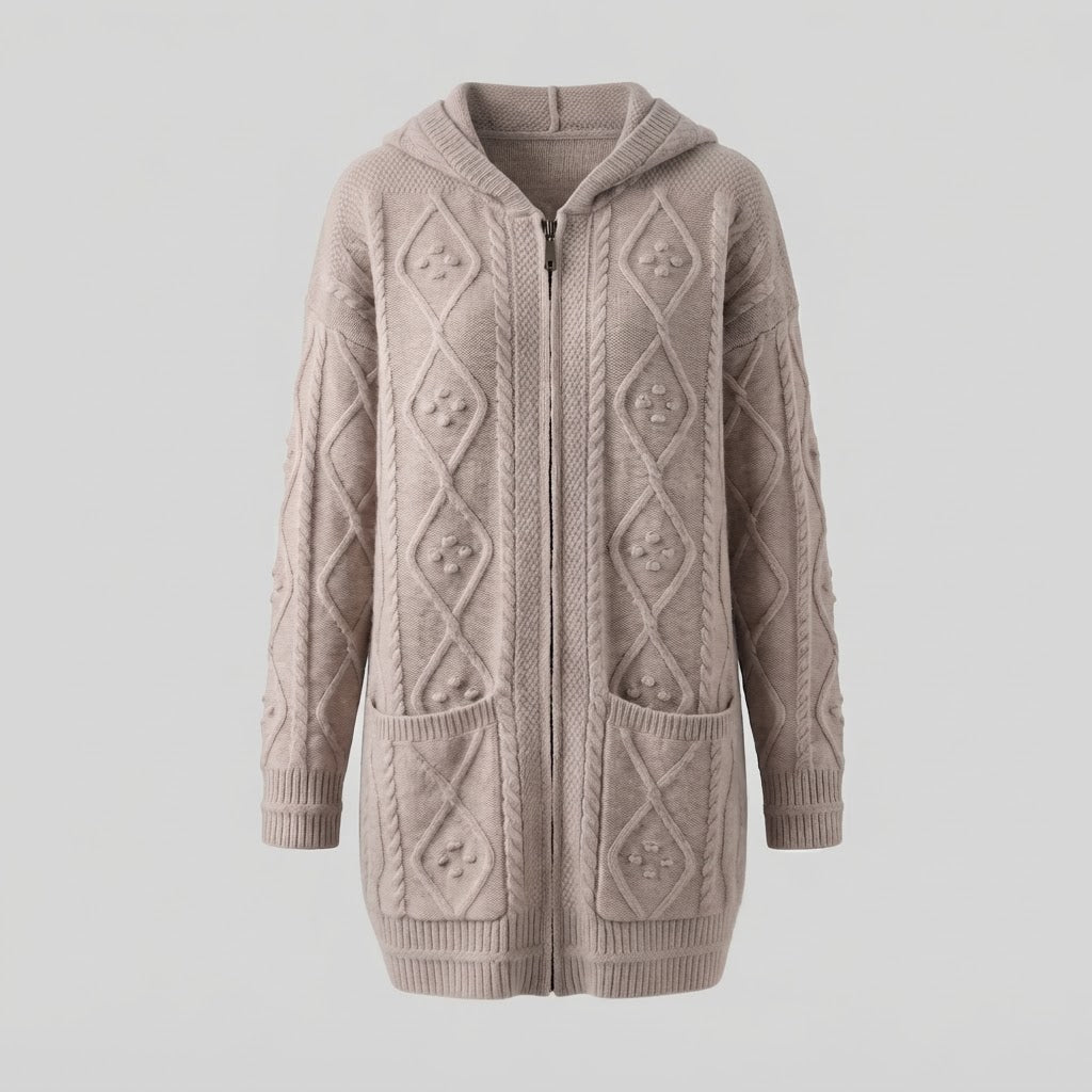 Damen Kapuzen-Longcardigan aus weichem Wollmix mit Zopfmuster, Reißverschluss und Eingrifftaschen Nord Taschen