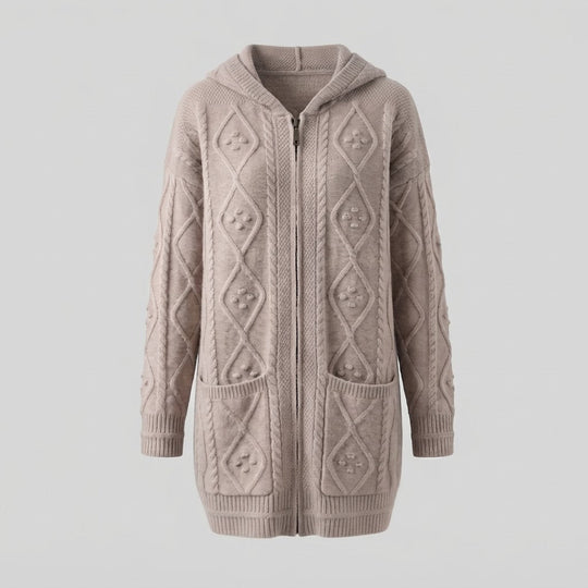 Damen Kapuzen-Longcardigan aus weichem Wollmix mit Zopfmuster, Reißverschluss und Eingrifftaschen Nord Taschen