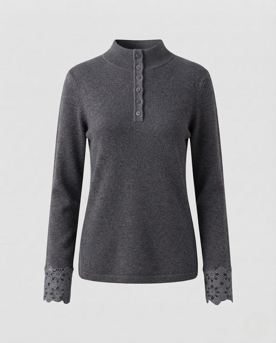 Damen Feiner Stehkragenpullover mit dekorativer Knopfleiste und Spitzenmanschetten Nord Taschen